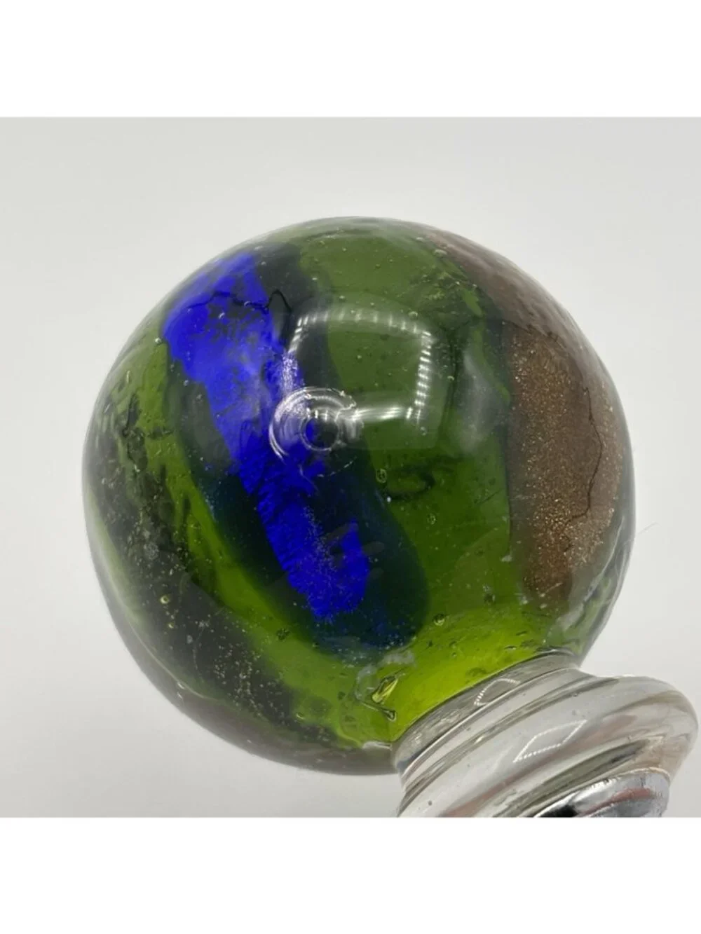 Art Glass Wine Bottle Stopper Topper Green Ball Glossy Bubbles Gold Blue Striped